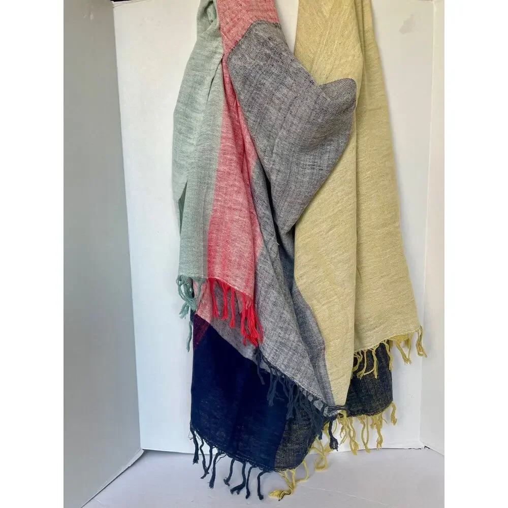 Anthropologie Colorblock Cotton Throw Blanket 60x70 Fringed
